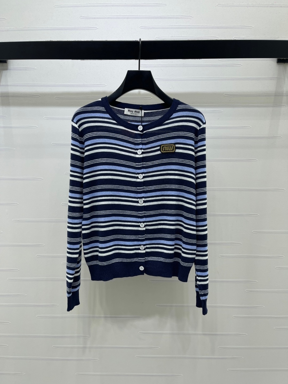 Miu Miu Navy Blue White Striped Crew Neck Knit Cardigan